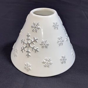 Winter Ceramic Candle Topper. White with Gray Snowflakes.